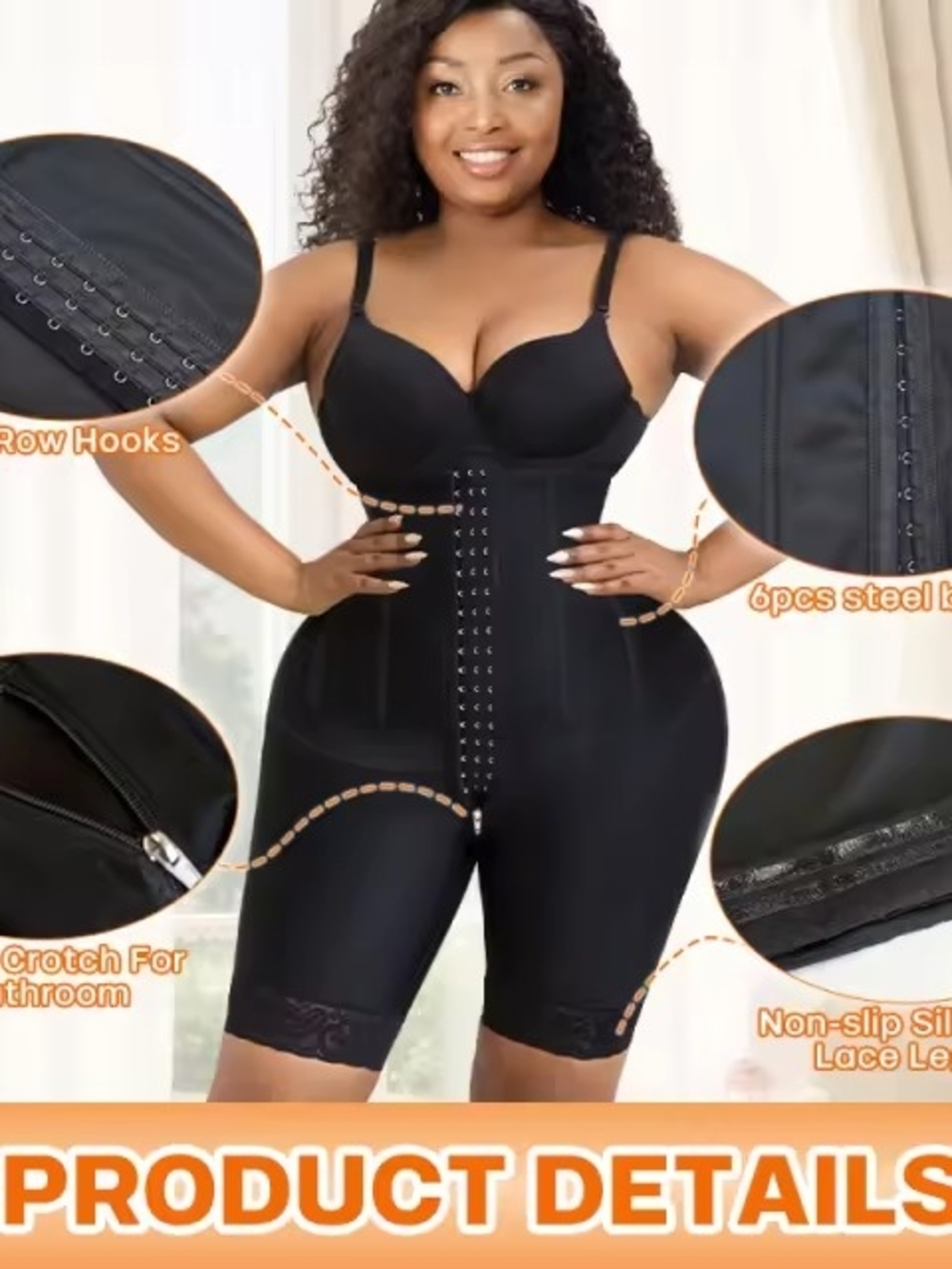 High-Compression Shaping Bodysuit with Front Hook Closure - Black